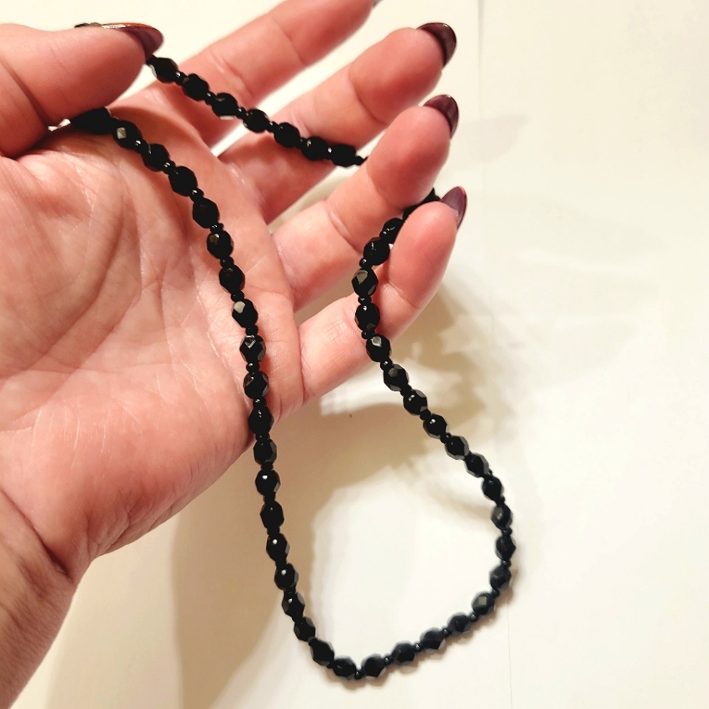 Vintage Jet Black Fauceted Glass Bead Necklace